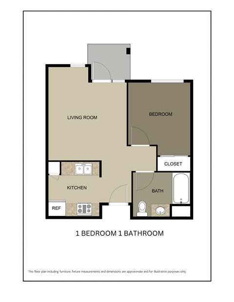 Floor plan for 1 bed, 1 bath, 495 sqft
